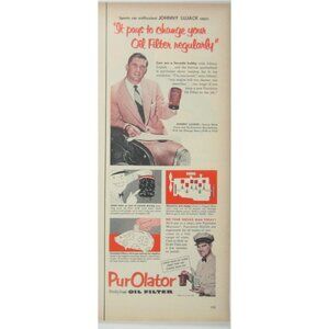 Vintage 1950s PurOlator Oil Filter Ad Print Johnny Lujack Auto Car